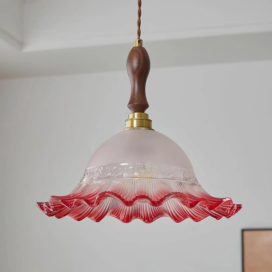 Red frosted glass hand-blown pendant lamp with brass and walnut wood hardware