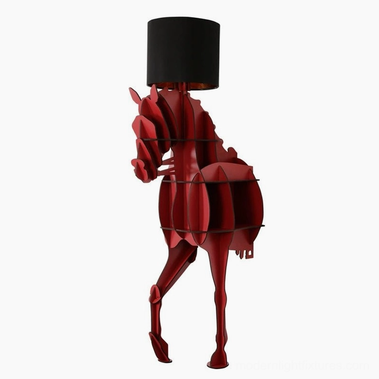 Red horse-shaped art floor lamp with black cylindrical shade on white background - artistic modern lighting