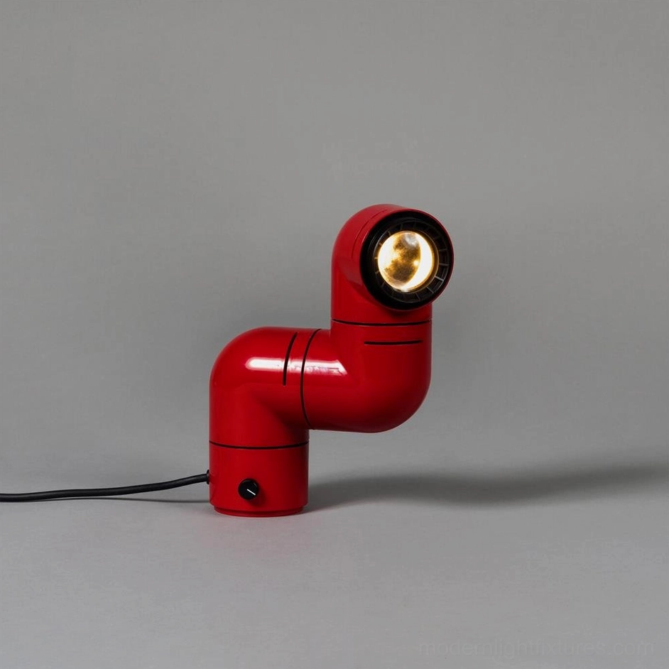 Bold red industrial tubular table lamp full product view with integrated LED design
