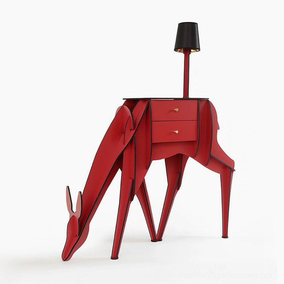 Red deer-shaped floor lamp with storage drawers, matte vibrant finish, contemporary statement piece with integrated lighting