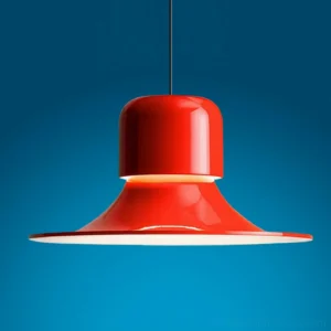 Contemporary red LED pendant fixture with glossy finish and flared design on blue background