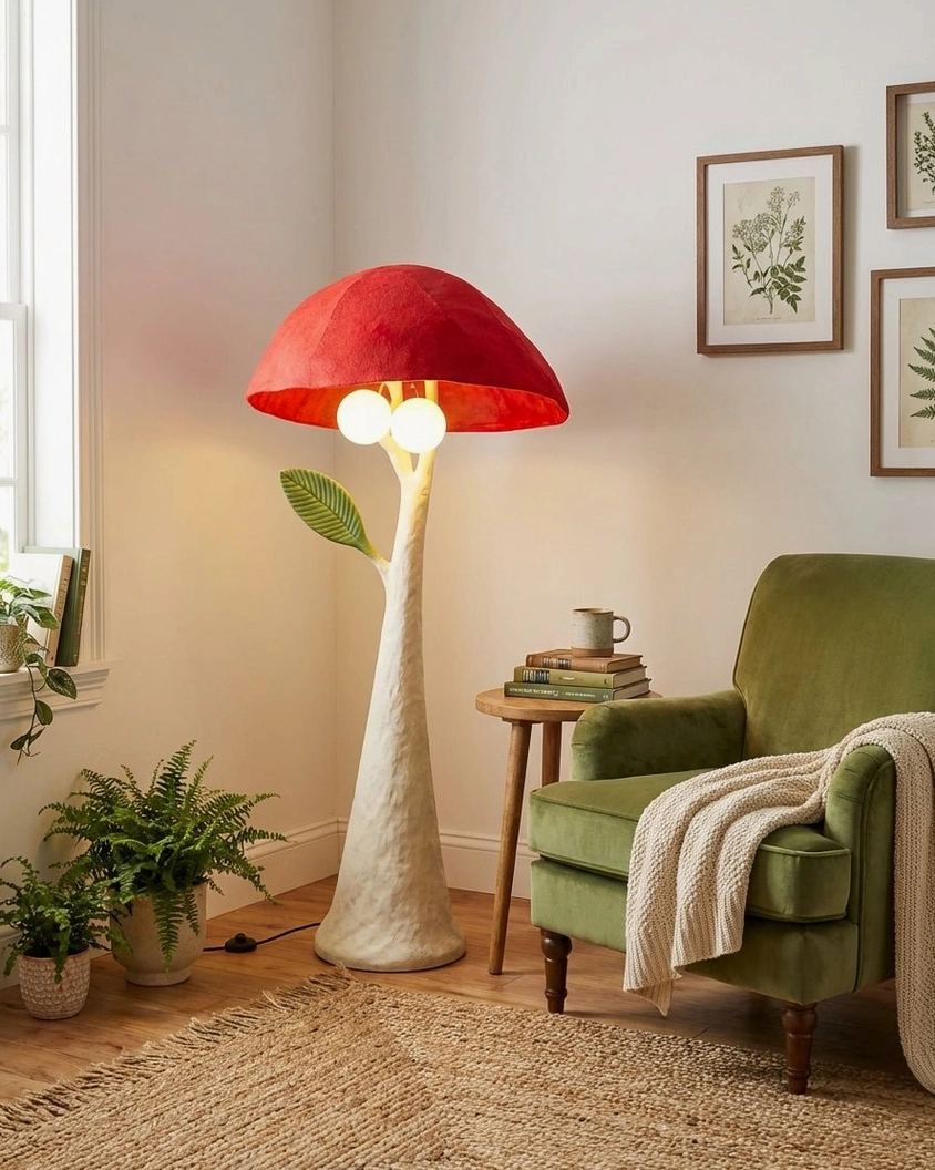 Red velvet mushroom floor lamp in vintage living room with green armchair, warm retro home decor styling