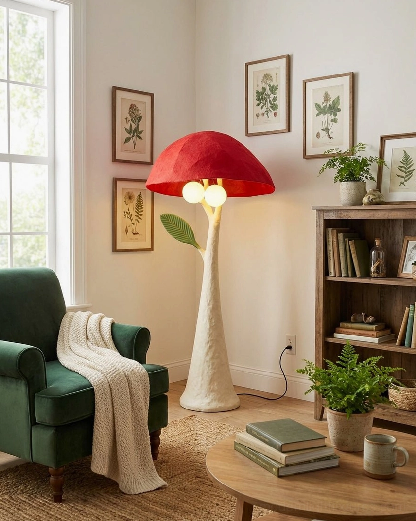 Red mushroom floor lamp in stylish living room with bookshelf and green armchair, whimsical botanical floor lamp design