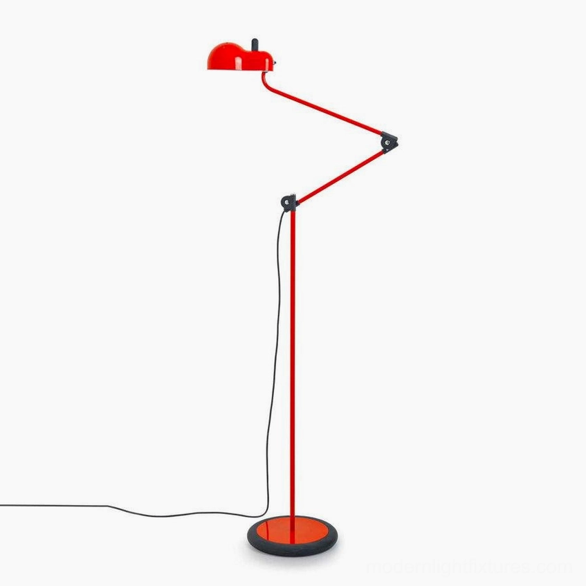 Red Paolo articulated swing arm floor lamp with industrial metal construction and matte finish in contemporary setting