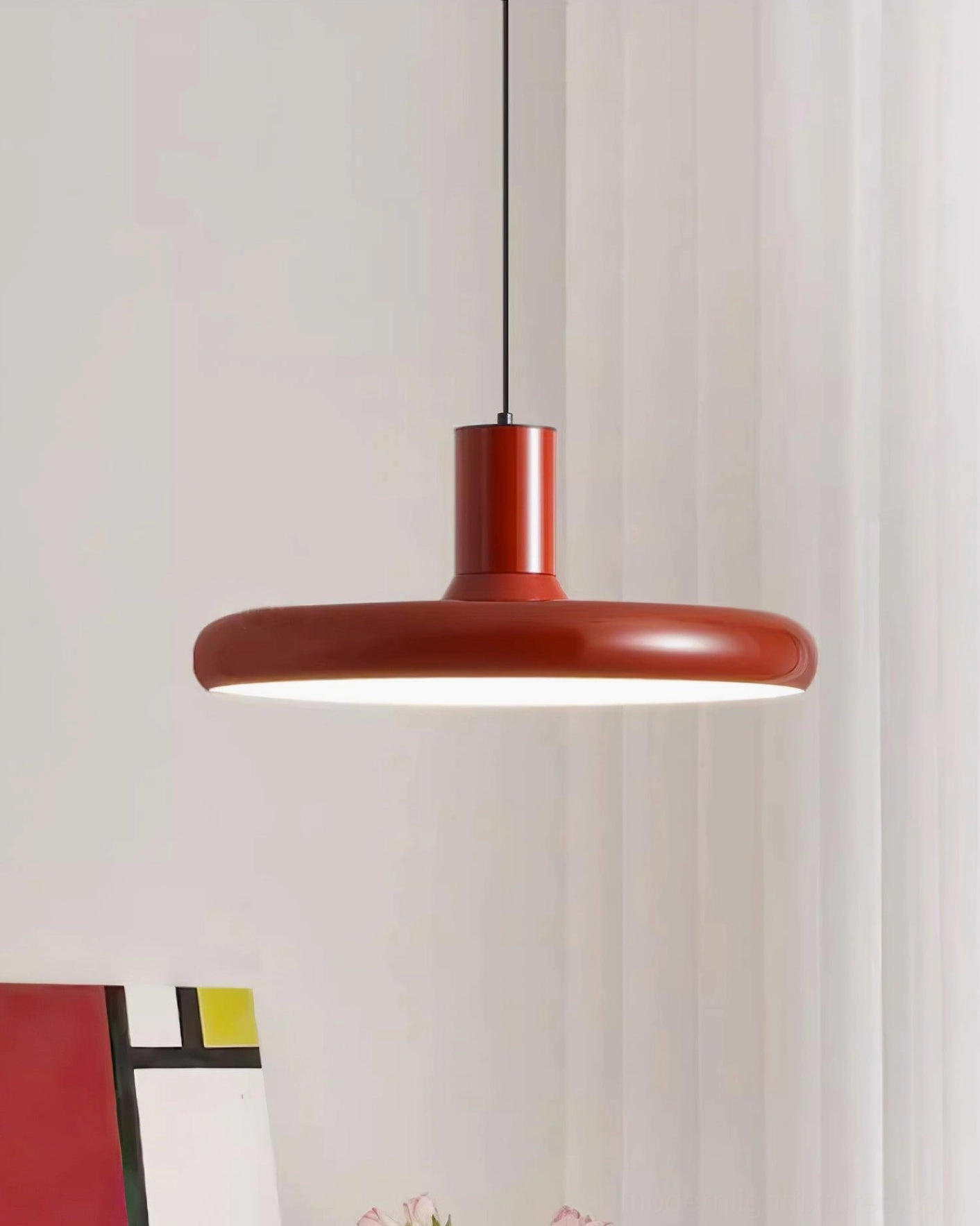 Red disc pendant light adjustable wire length customizable installation height