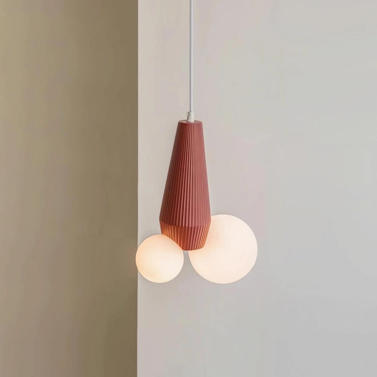Red ribbed metal pendant light with dual frosted white glass shades - contemporary design fixture