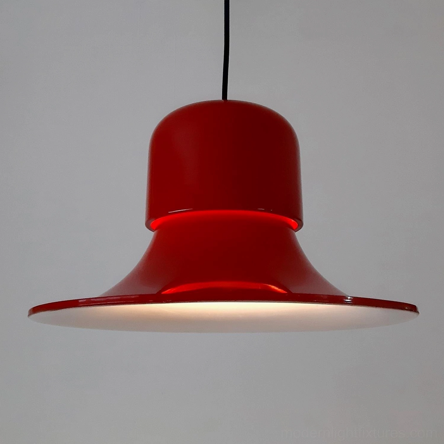 Red LED pendant light with downlight effect showing illumination pattern on gray background