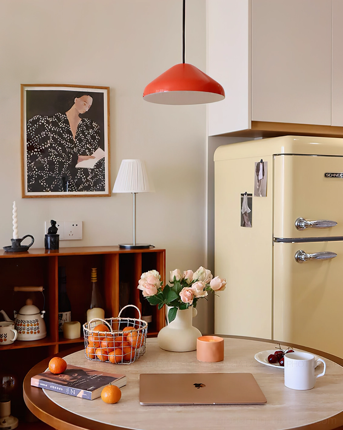 Small red dome pendant light in retro kitchen home decor setting