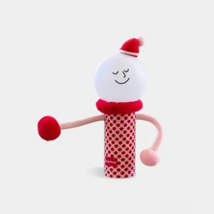 Red polka dot articulated cartoon character table lamp with poseable arms front view studio photography