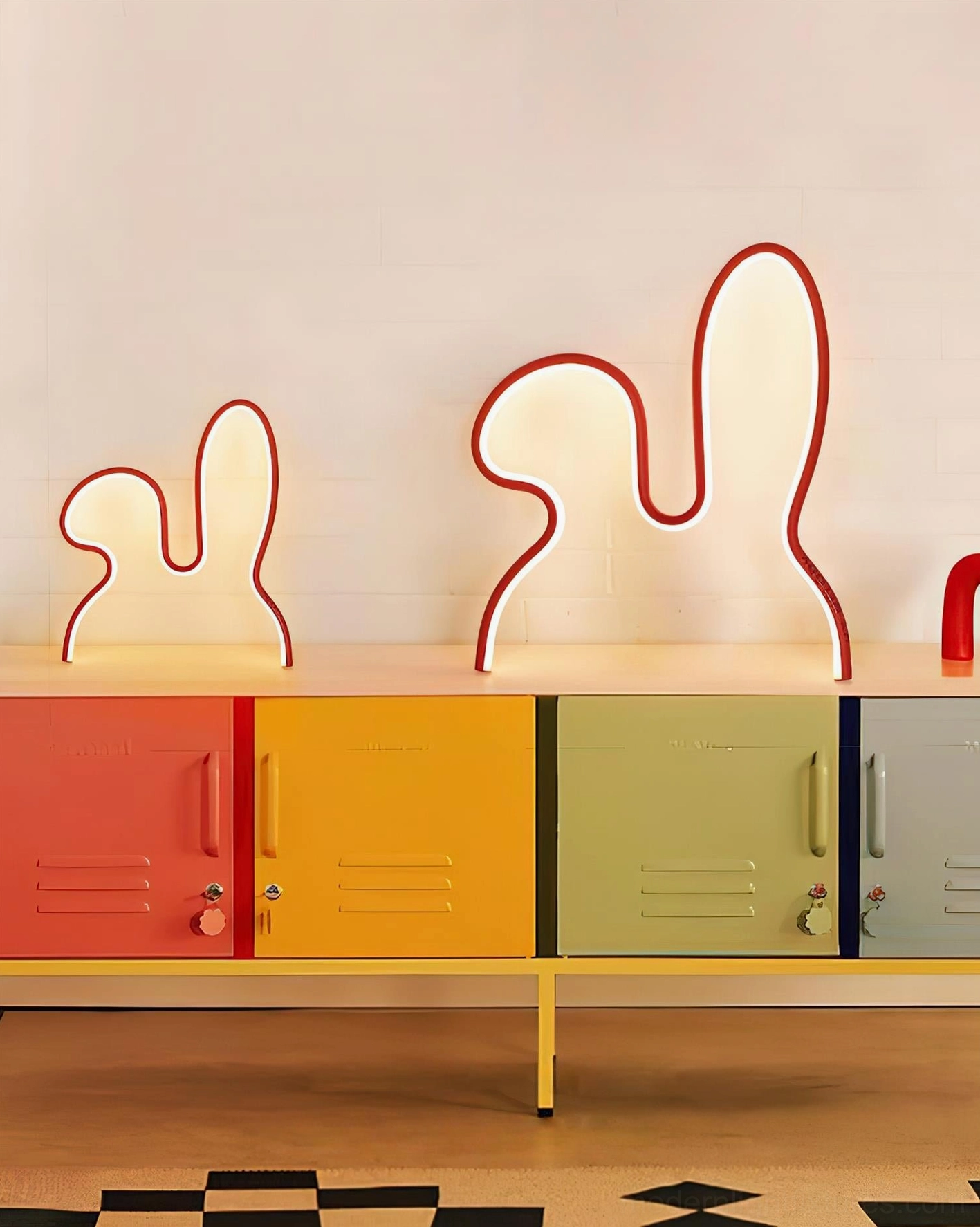 Two sizes red rabbit neon table lamps flat view on colorful retro locker cabinet desktop decoration