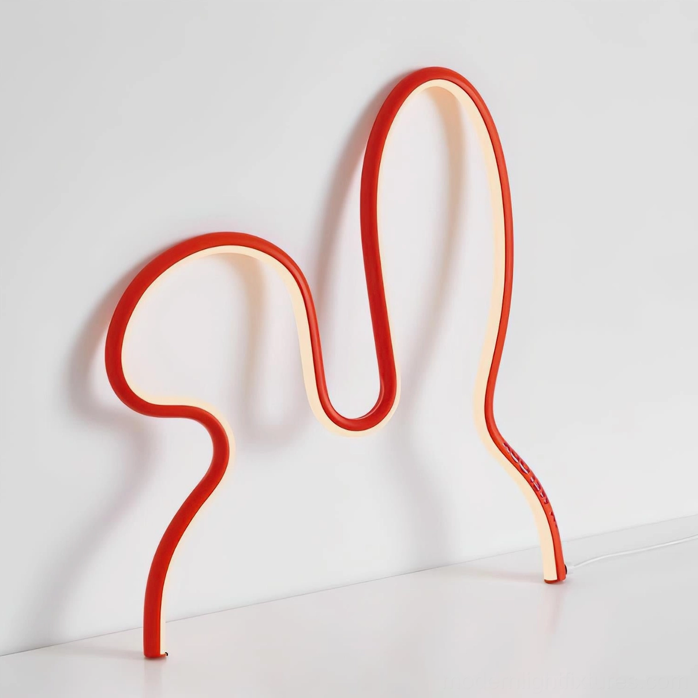 Red rabbit neon lamp front view with text detail on tube and warm inner LED glow