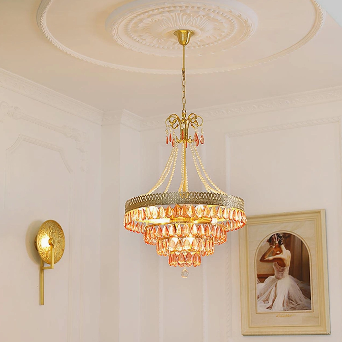 Red ruby crystal chandelier art deco retro style geometric crystal arrangement early 20th century