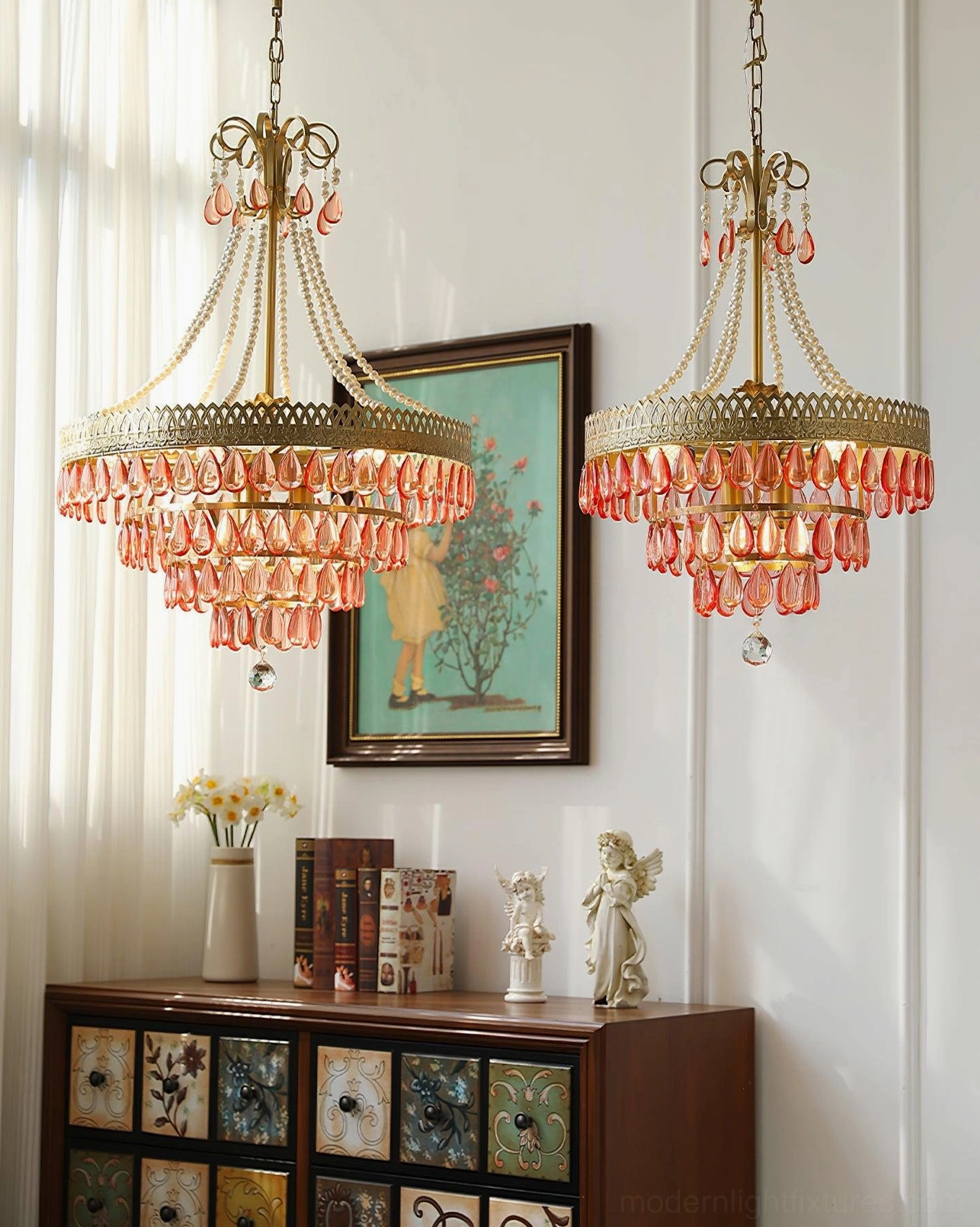 Red ruby crystal chandelier elegant bedroom installation warm ambient lighting teardrop crystals