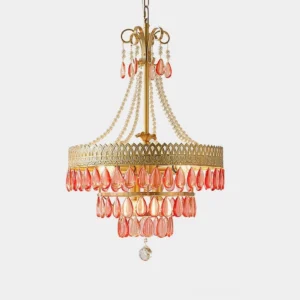 Red ruby crystal chandelier with brass frame studio view front angle modern pendant light fixture