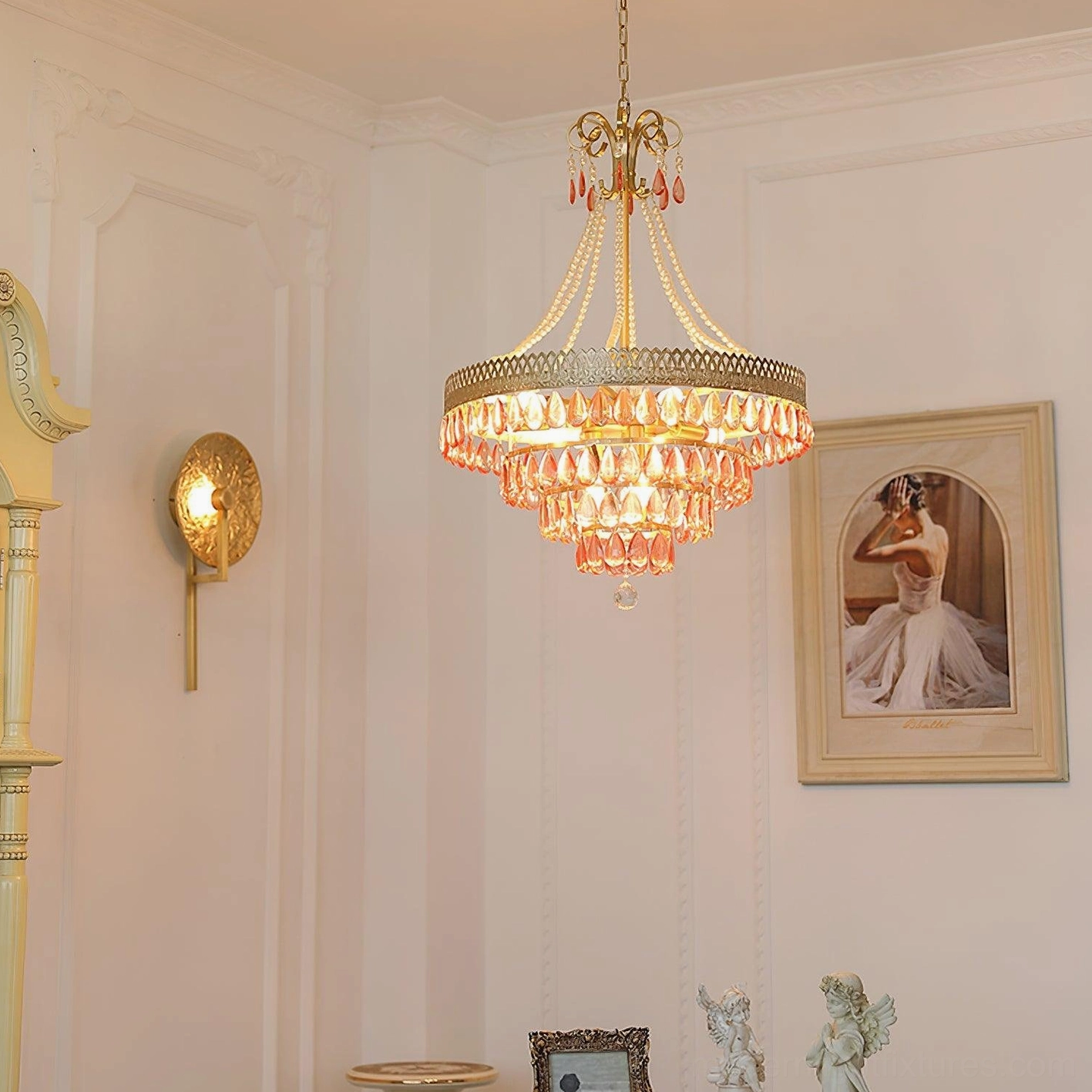 Red ruby crystal chandelier brass accents metallic hardware gold furniture accessories coordination