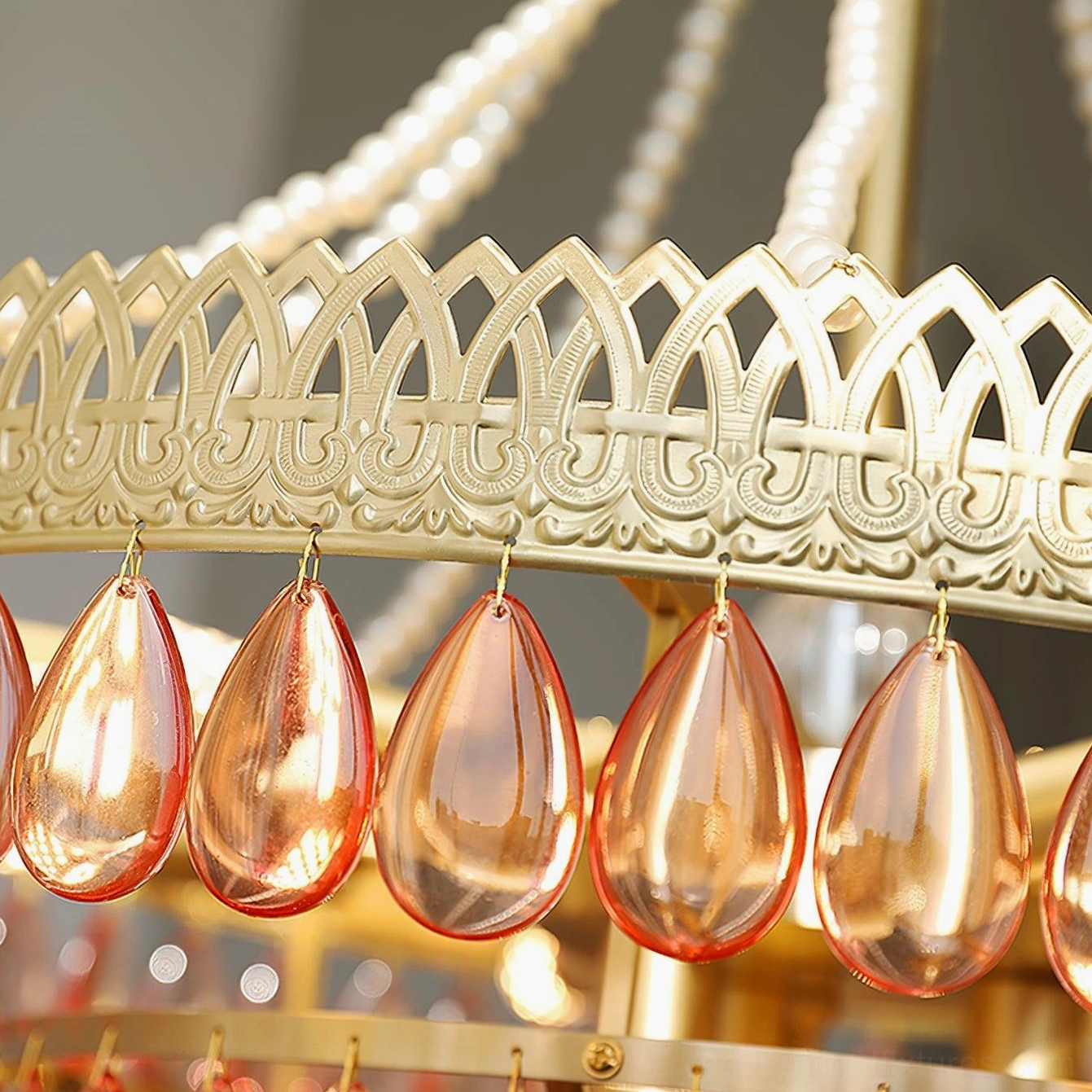Red ruby crystal chandelier brass patina development aging character authentic material quality