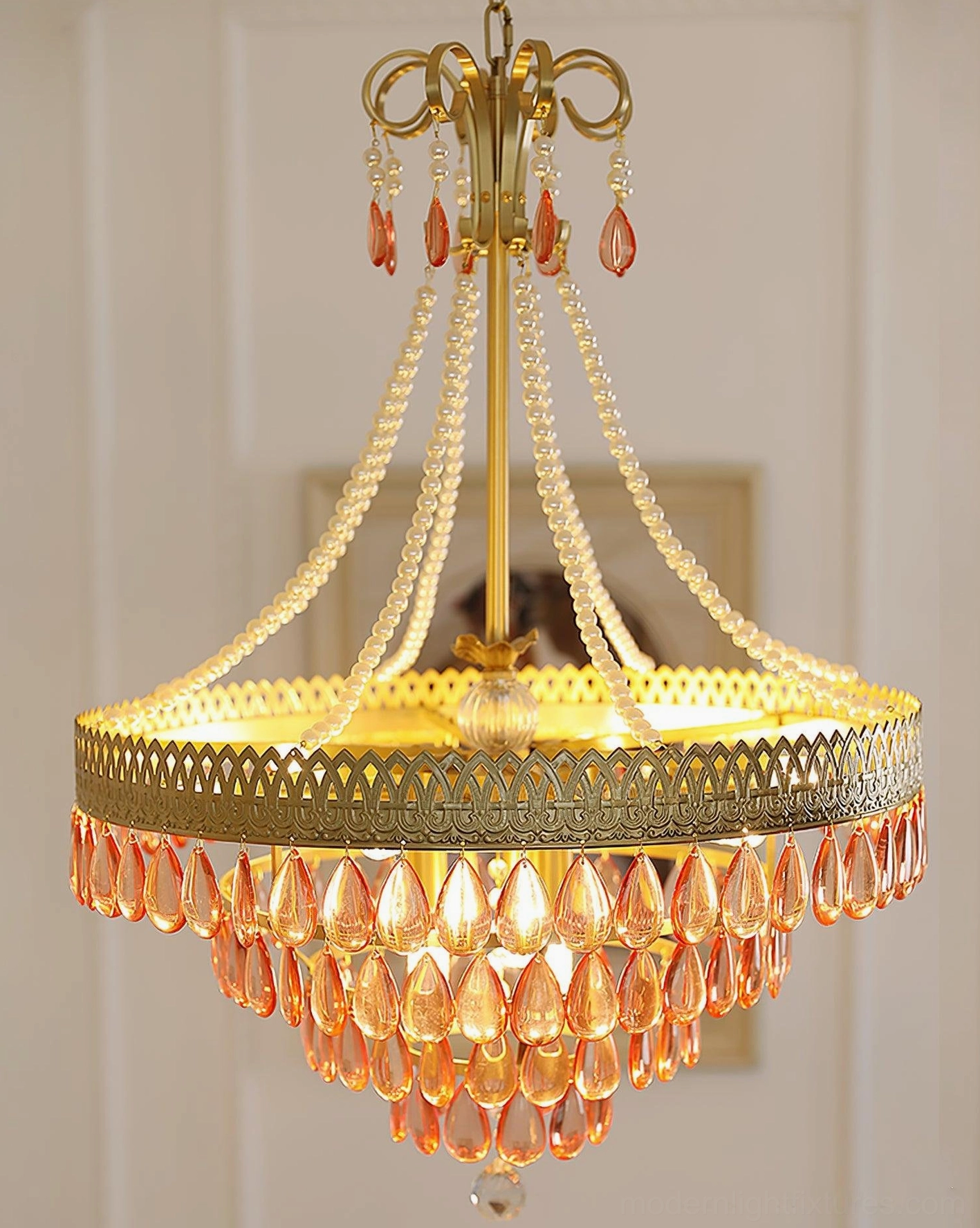 Red ruby crystal chandelier full front view classic home living room tiered luxury design