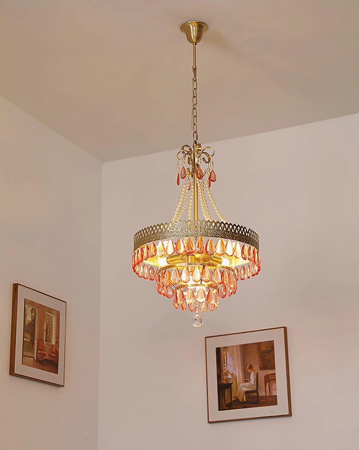 Red ruby crystal chandelier dimmed soft lighting romantic ambiance vintage luxury aesthetic