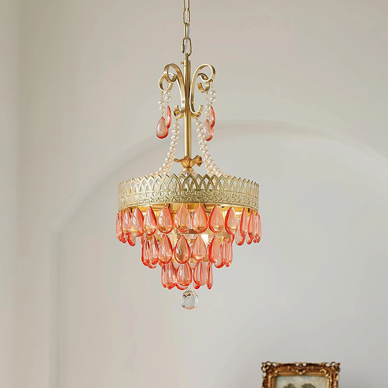 Red ruby crystal chandelier eclectic bohemian interior jewel-tone rich decorative accent