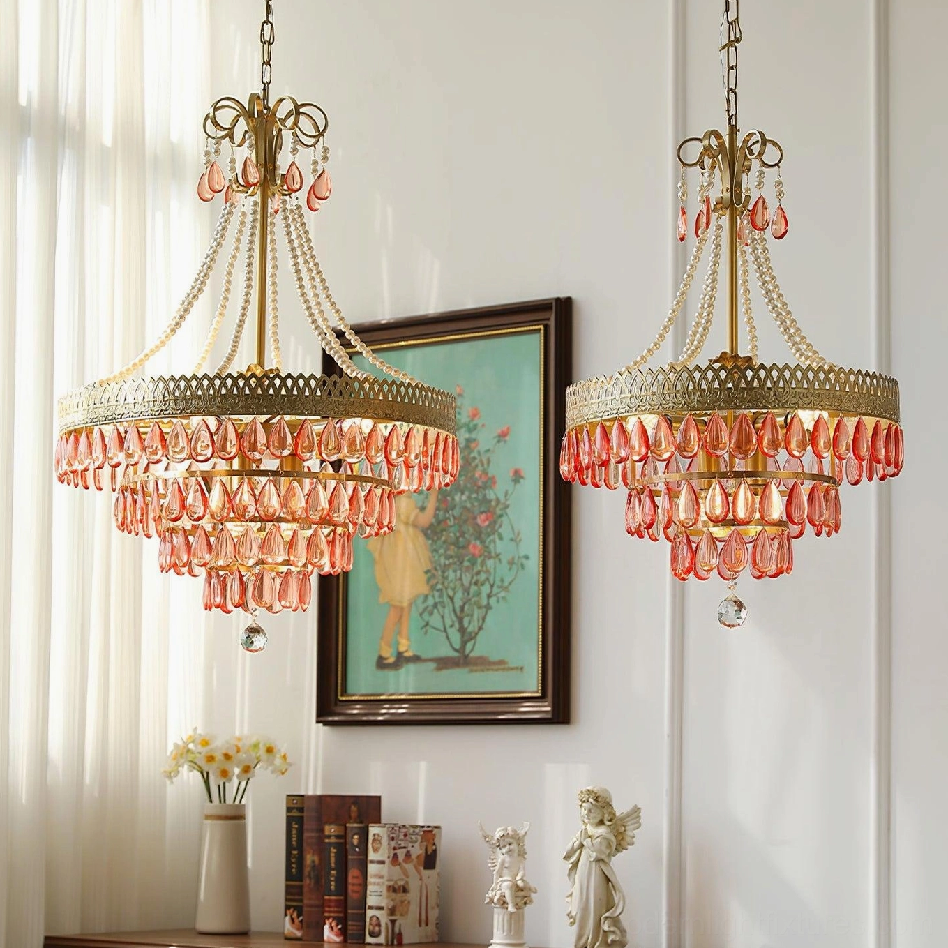 Red ruby crystal pendant light fixture foyer entryway architectural focal point brass metal