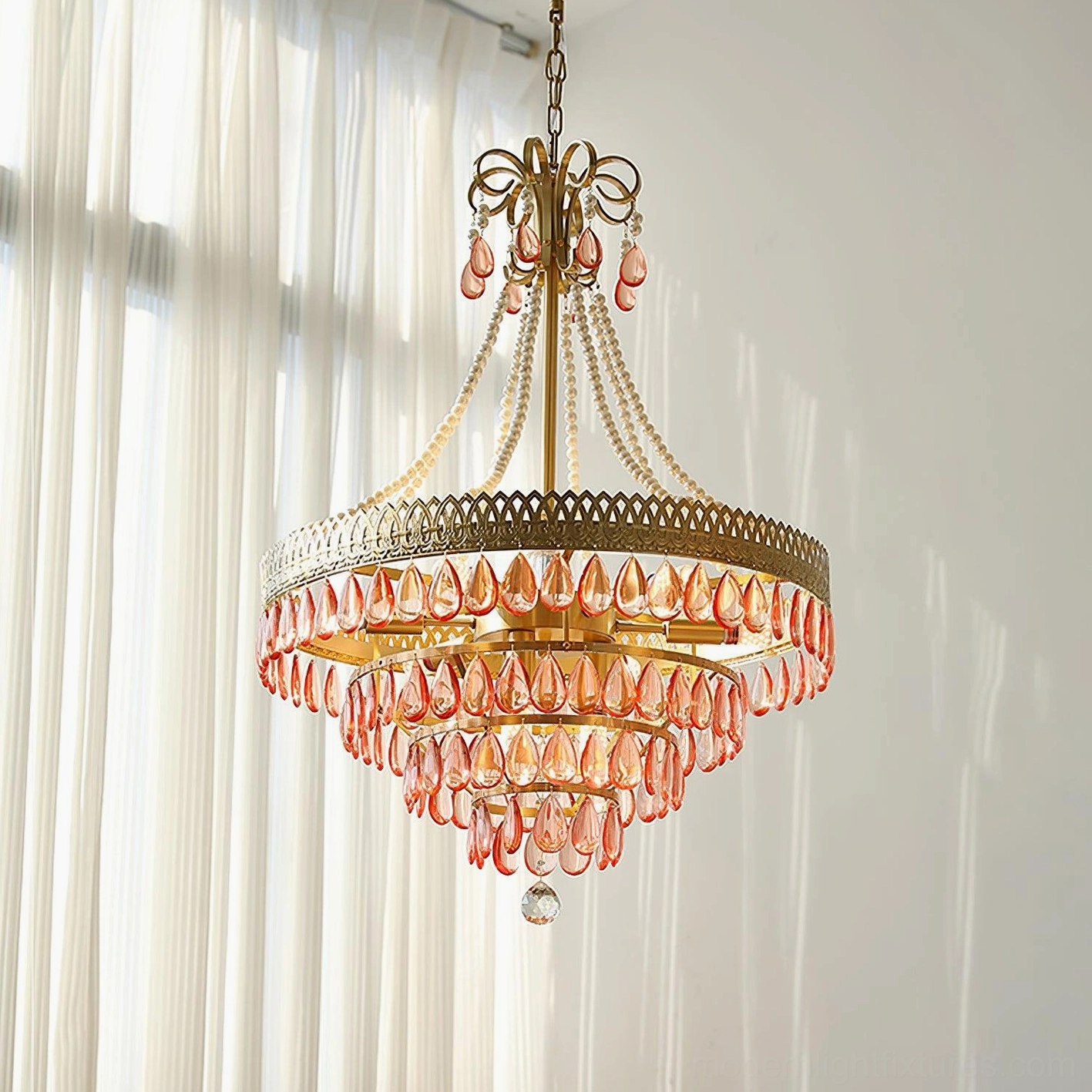 Red ruby crystal chandelier hallway corridor passage lighting transitional style interior design