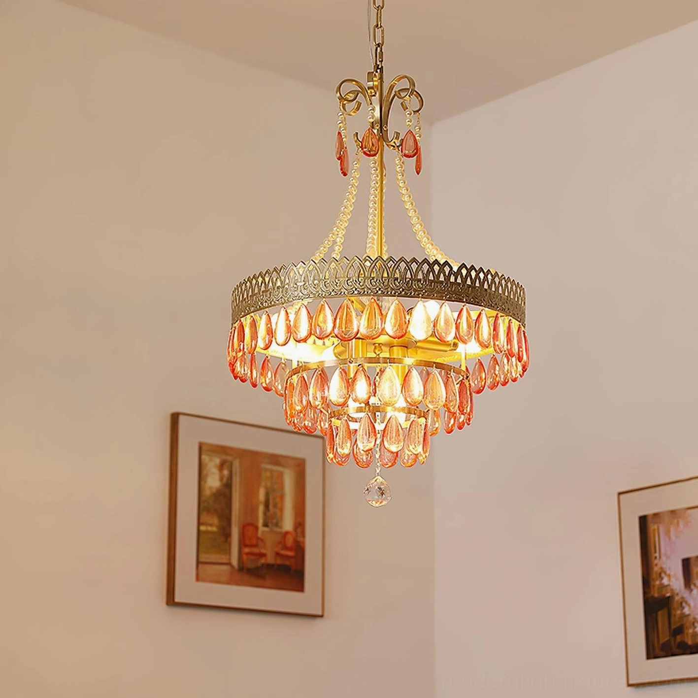 Red ruby crystal chandelier layered lighting table lamps wall sconces warm ambient balance