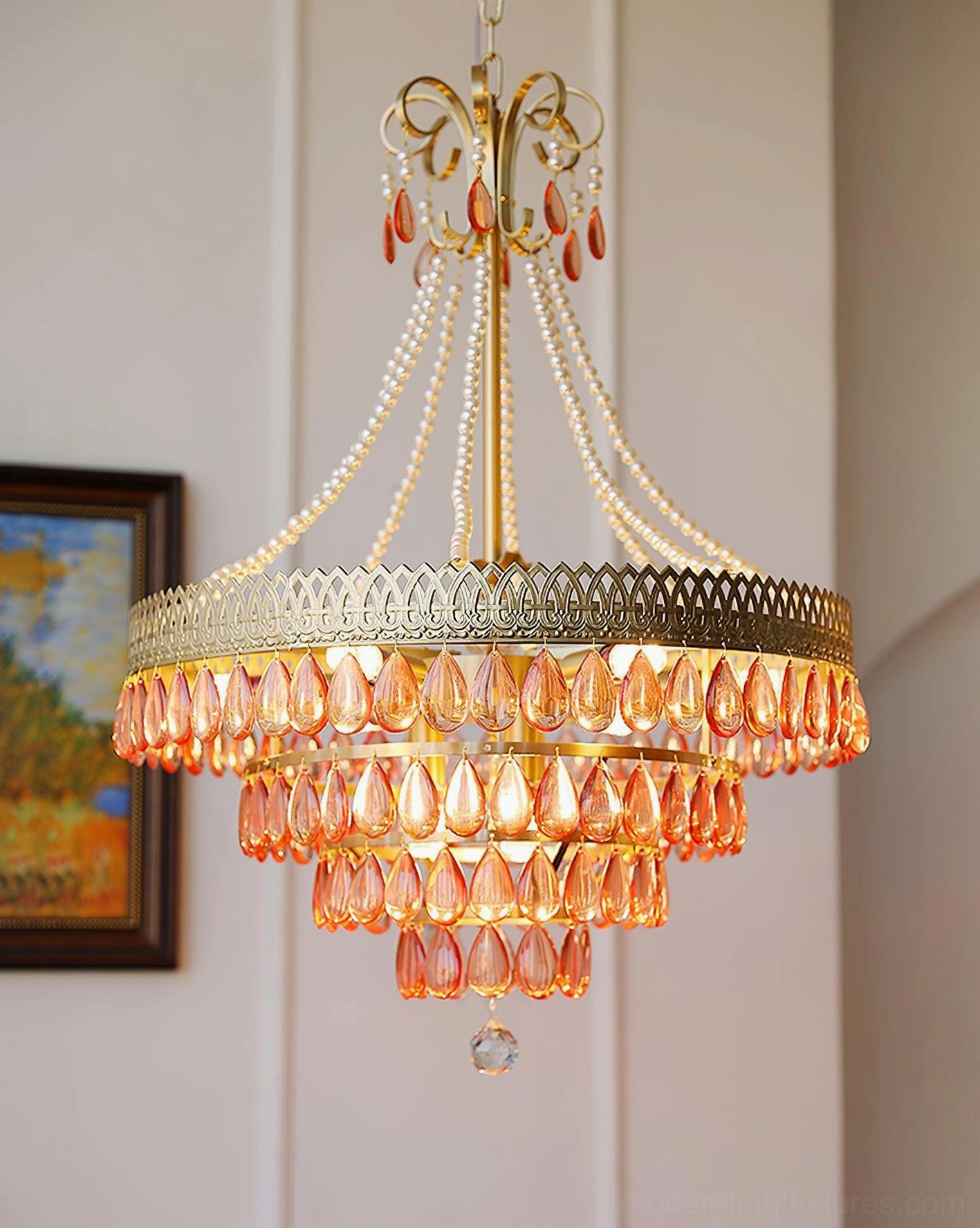 Red ruby crystal chandelier maximalist interior bold visual statement luxury ornament design