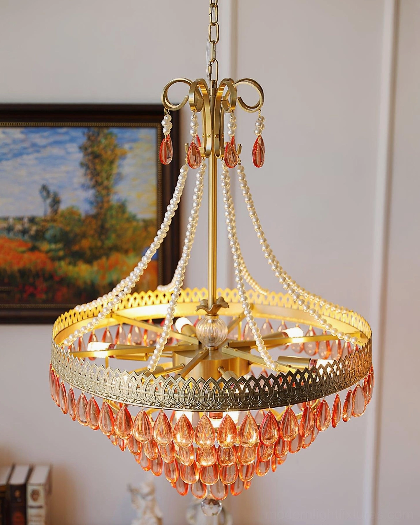 Red ruby crystal chandelier with neutral wall colors taupe ivory backdrop elegant simplicity