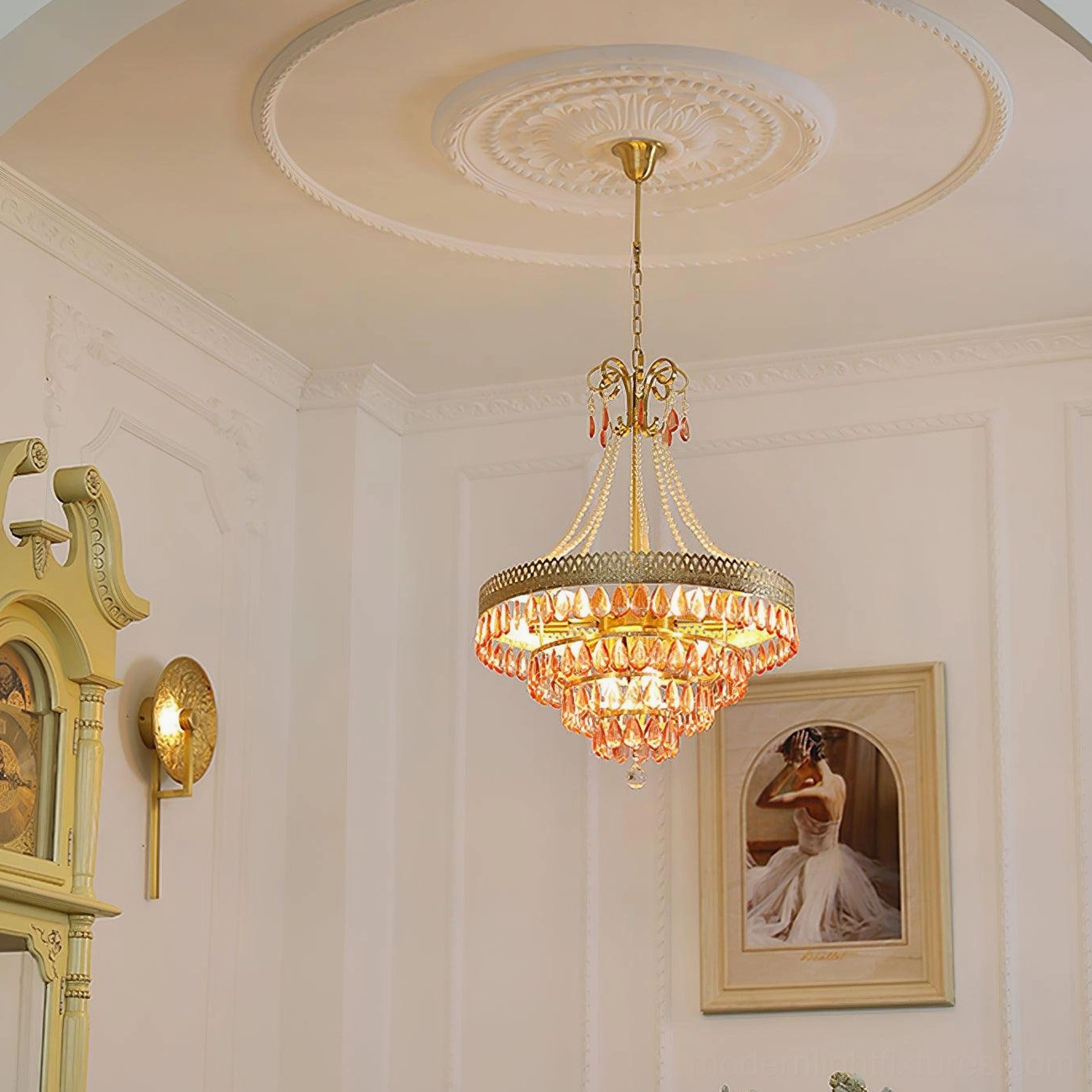 Red ruby crystal chandelier velvet seating red accent furniture burgundy artwork interior styling