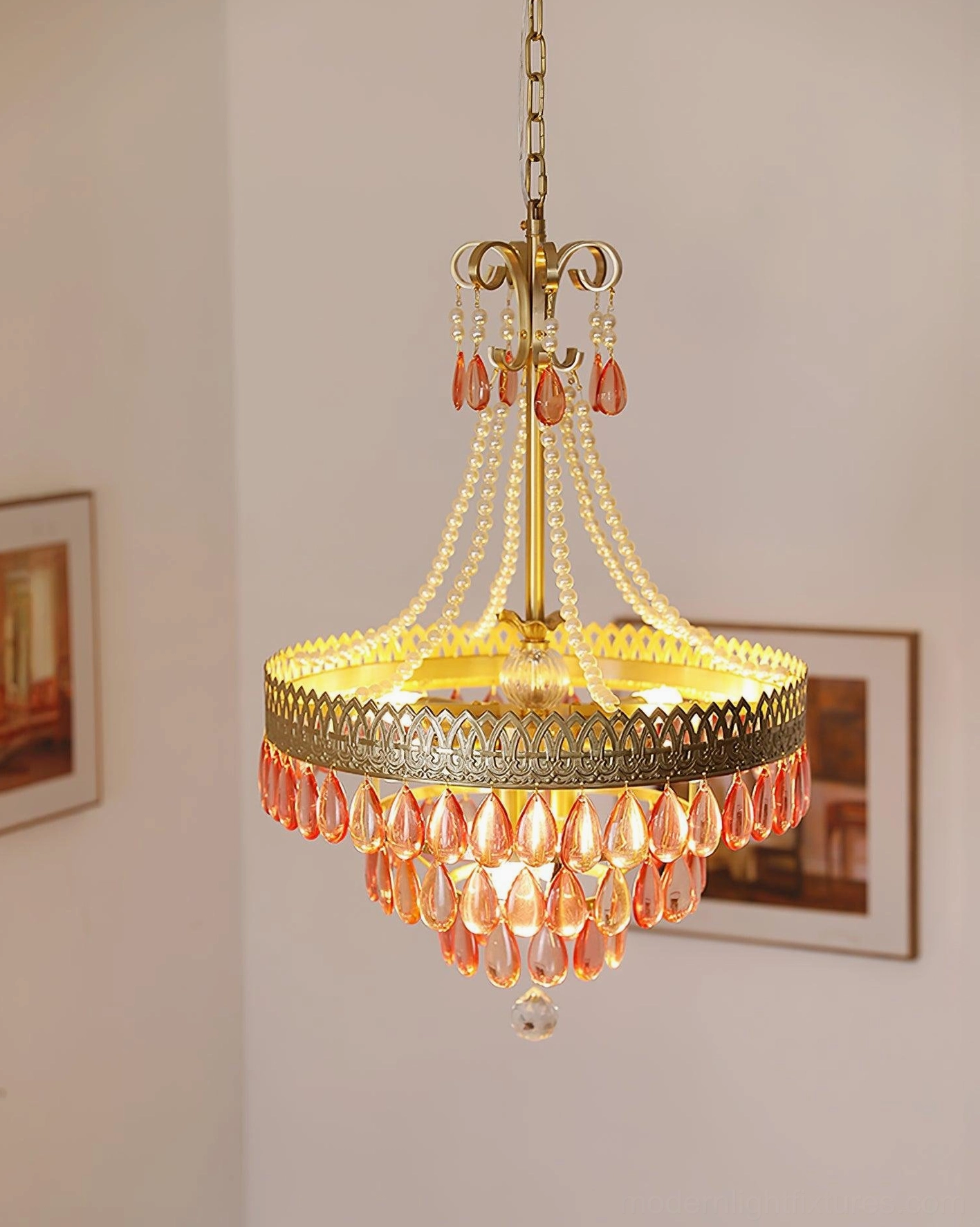 Red ruby crystal chandelier sheer white curtains light diffusion soft glow aesthetic integration