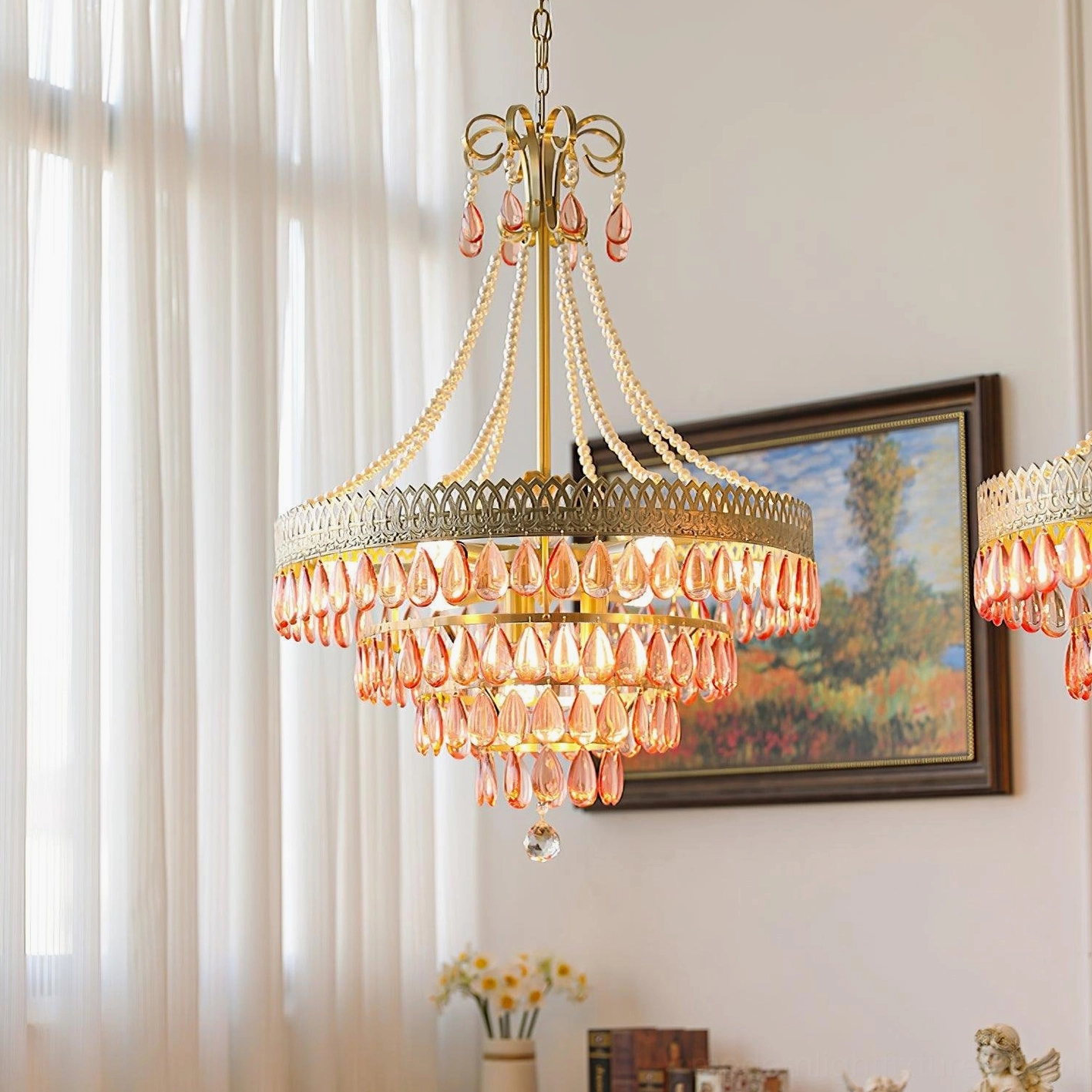 Red ruby crystal chandelier cozy residential living room warm yellow lighting glow