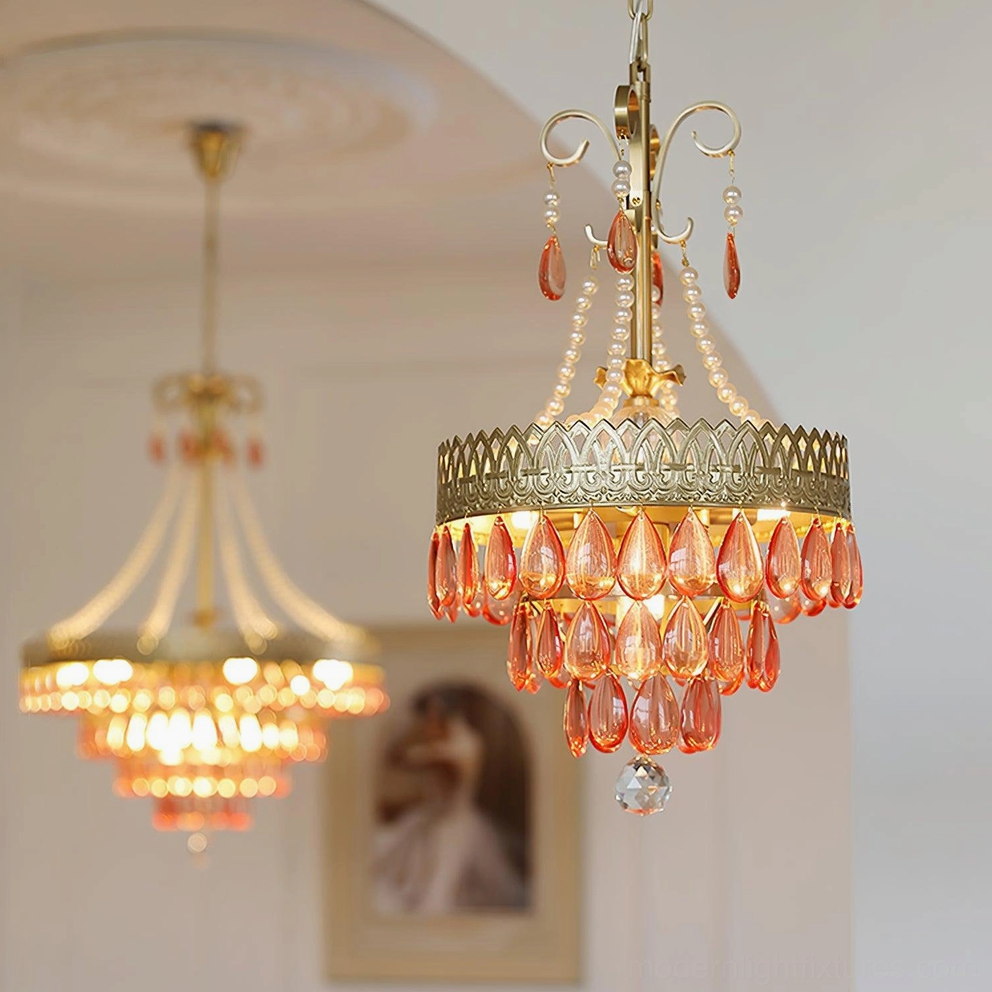 Two red ruby crystal chandeliers overhead view dining room hallway luxury vintage décor