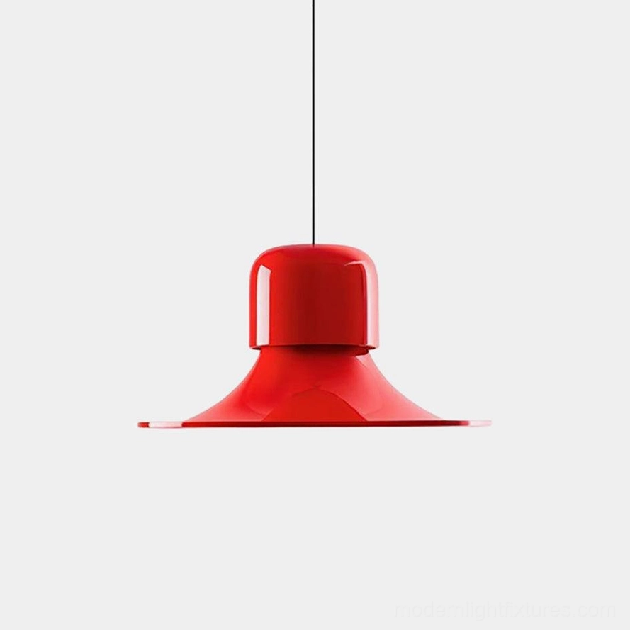 Modern red scandinavian pendant light with tiered bell-shaped shade on white background