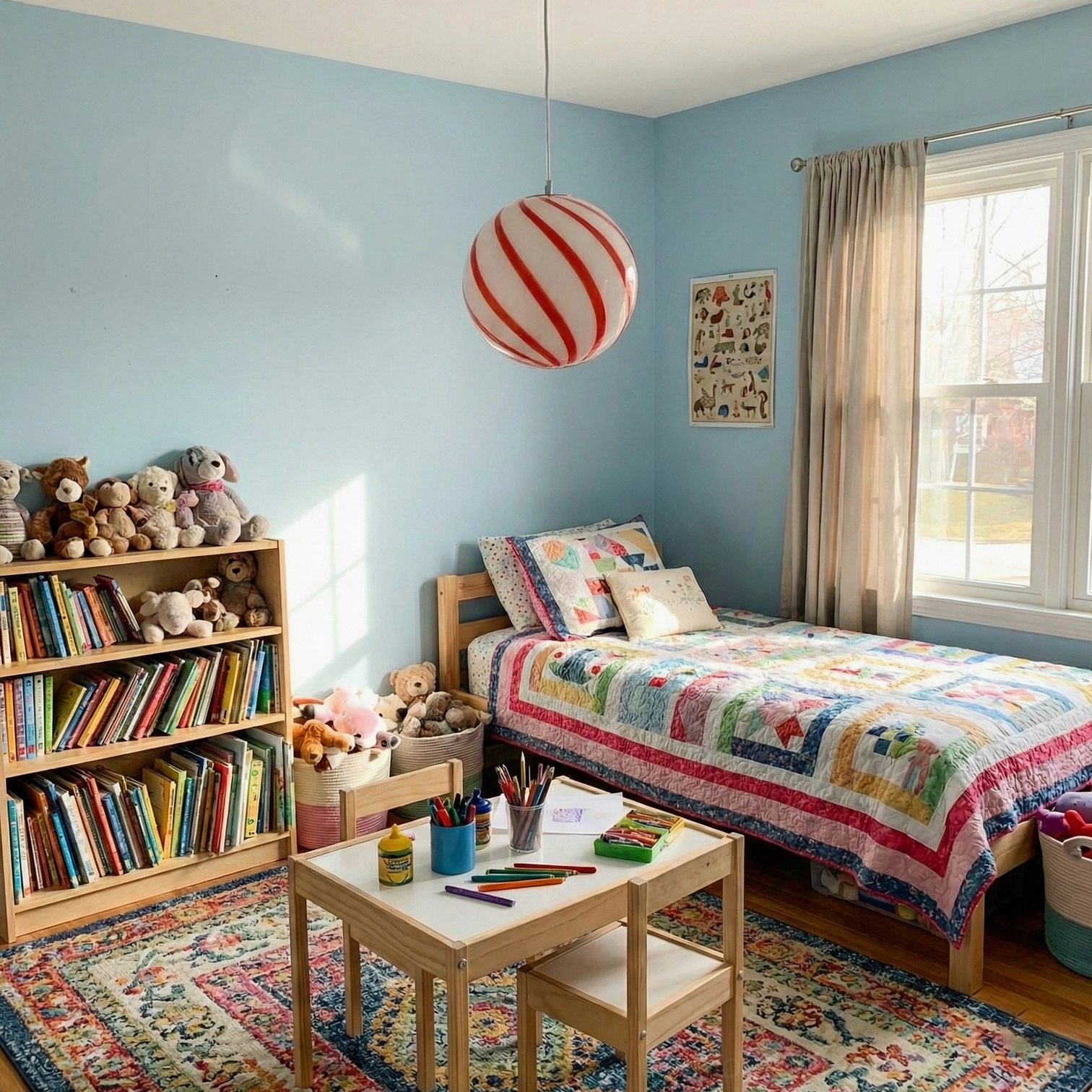 Red and white spiral stripe hand-blown glass pendant light in contemporary children's bedroom creating playful lighting atmosphere