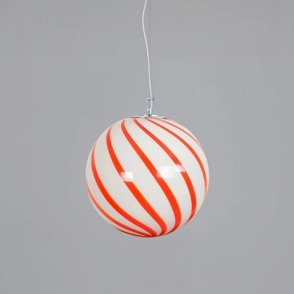 Red spiral stripe hand-blown glass pendant light, full fixture view displaying the artisan craftsmanship and vibrant red coloring
