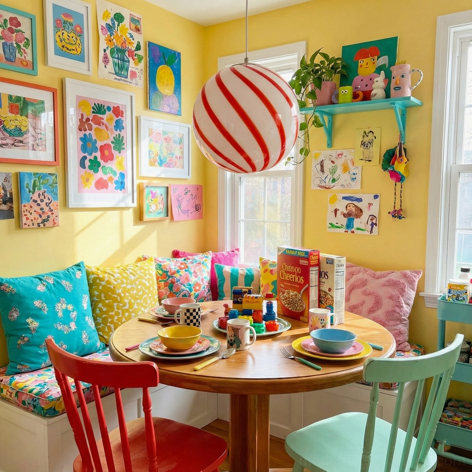 Red spiral stripe pendant light fixture in vibrant children's dining area providing warm ambient illumination and decorative focal point