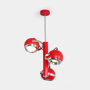 Red Sputnik pendant light with three glossy metal spherical shades and polished chrome details on white background
