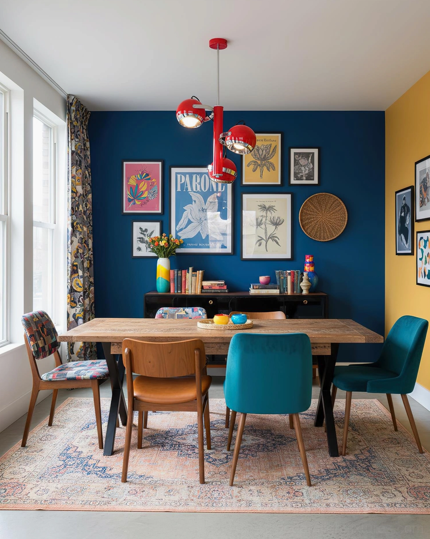 Red Sputnik pendant lamp above dining table in mid-century modern dining room with gallery wall