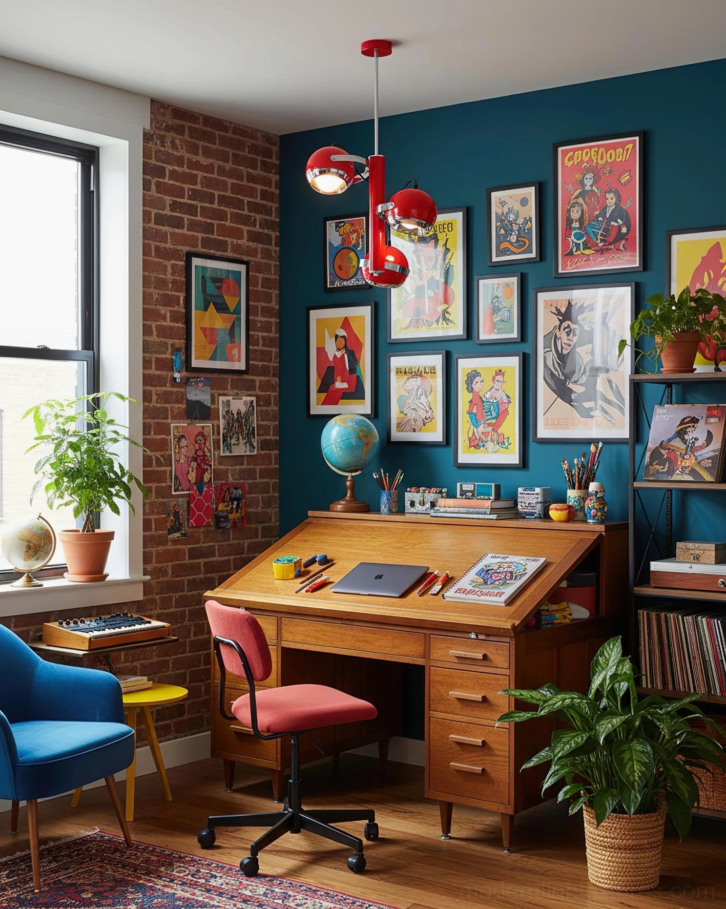Red Sputnik pendant lamp in eclectic home office with brick walls and gallery art display