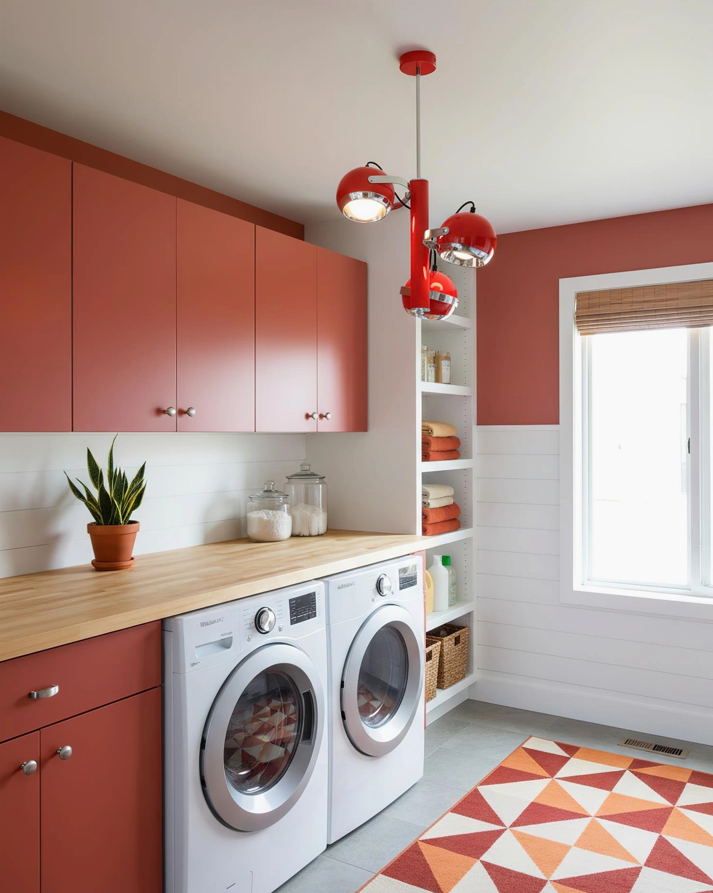 Red Sputnik pendant lamp in eclectic laundry room with terracotta cabinets and retro styling