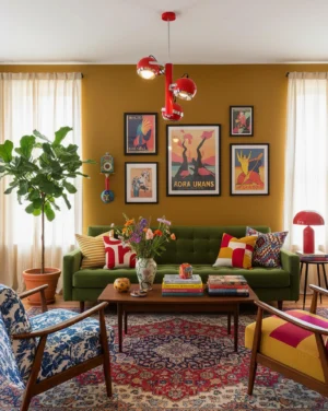 Red Sputnik pendant lamp hanging in mid-century modern living room with green velvet sofa