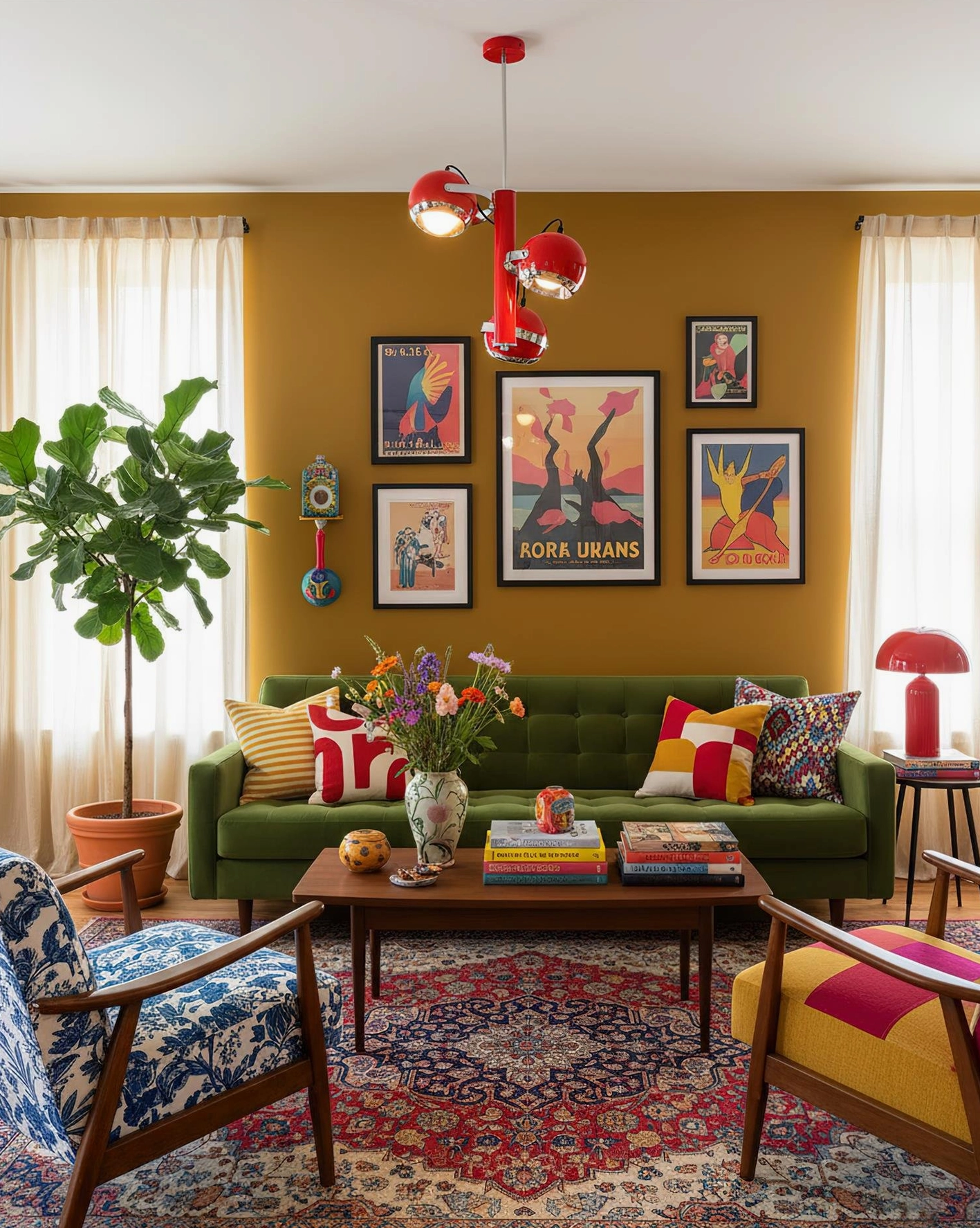 Red Sputnik pendant lamp hanging in mid-century modern living room with green velvet sofa