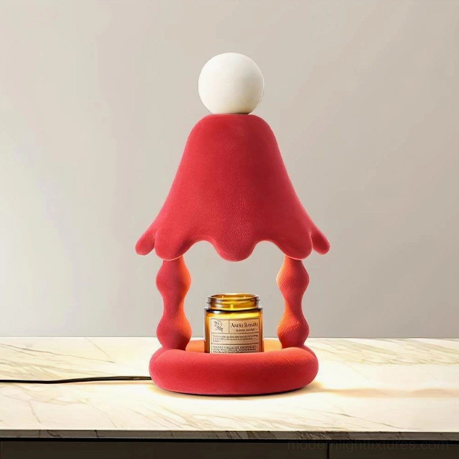Red Stacy candle warmer table lamp in tall 33cm size, showing elegant proportions and flocked velvet finish with bow accent