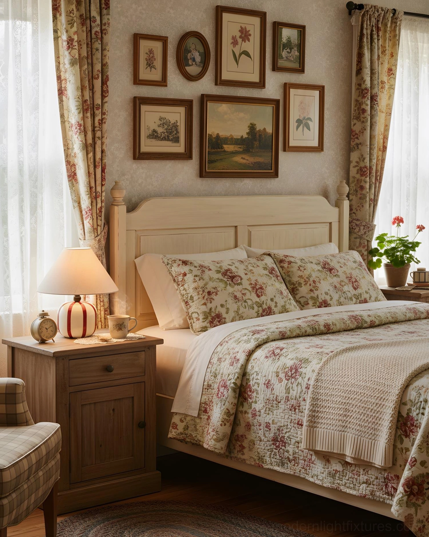 Red and white striped retro lamp on wooden nightstand in traditional bedroom setting