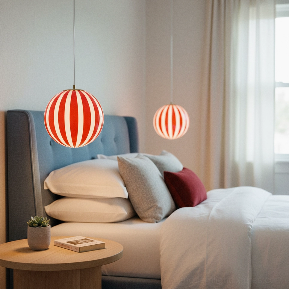 Red striped spherical pendant light creating warm ambiance in cozy modern bedroom setting