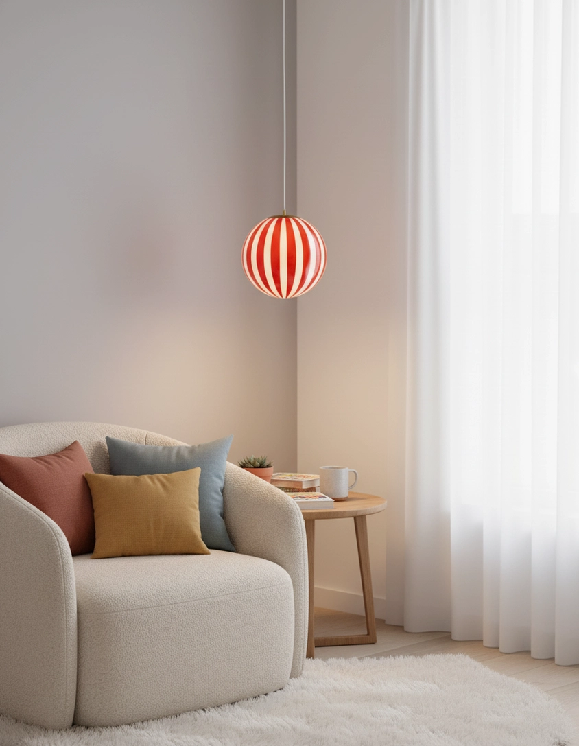 Red striped pendant light showcasing warm diffused ambient lighting performance