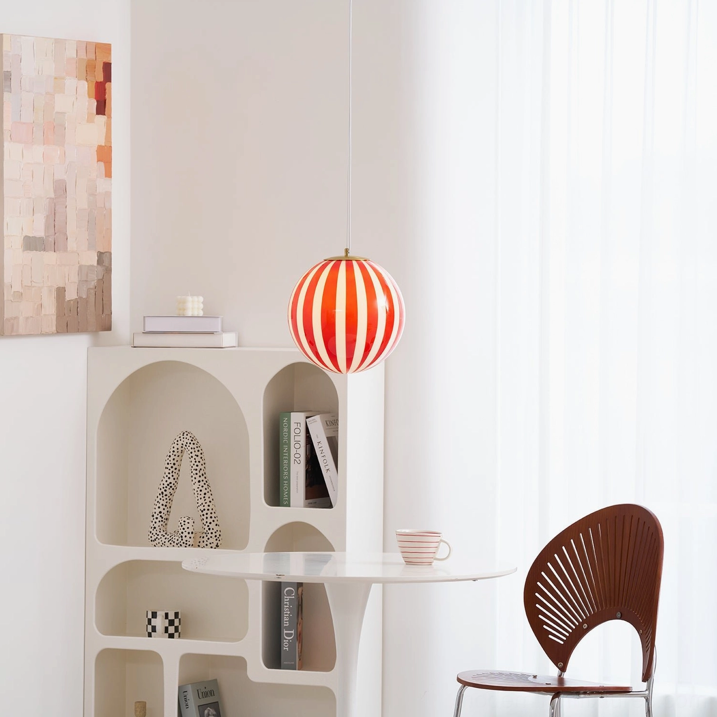 Red striped pendant light with dimmer switch compatibility for adjustable illumination