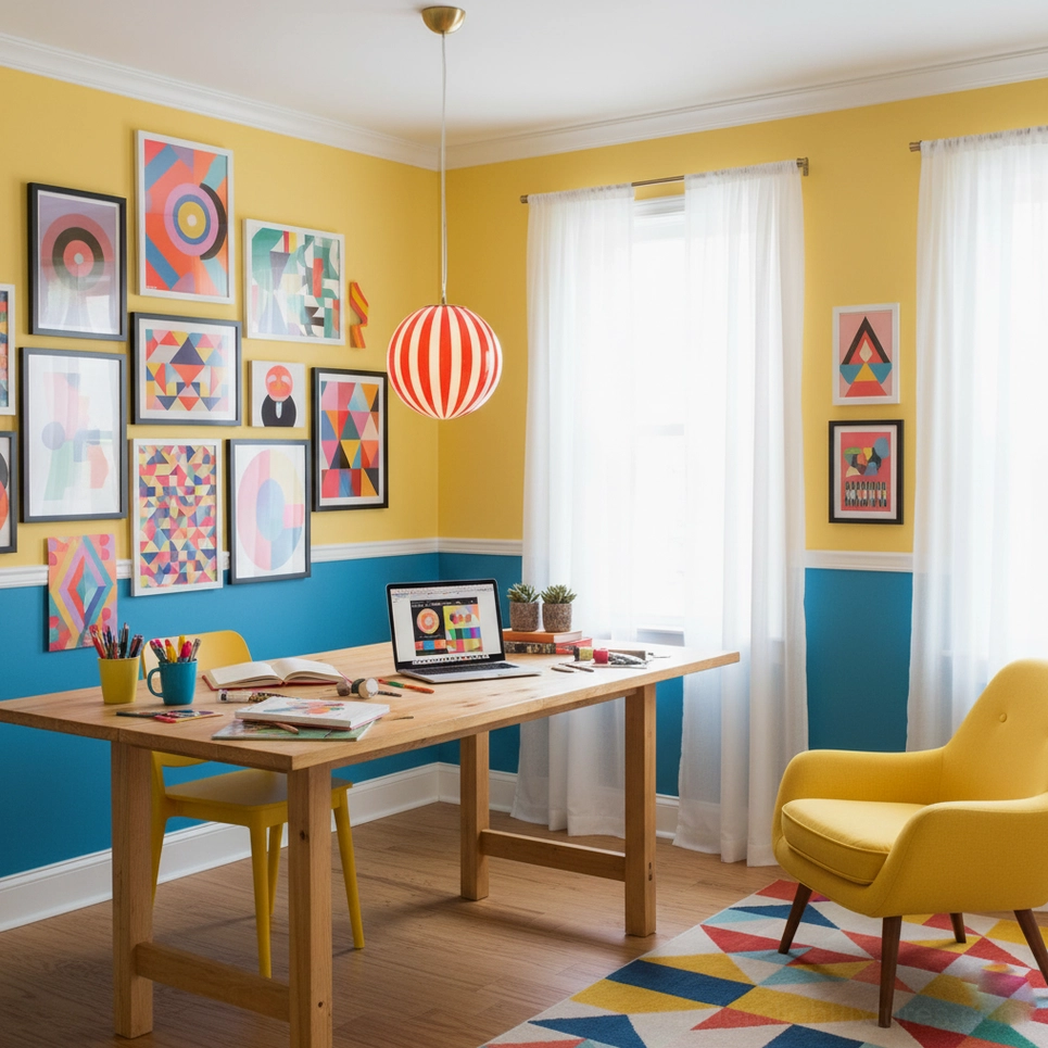 Bold red striped spherical pendant light in vibrant eclectic home office creative space