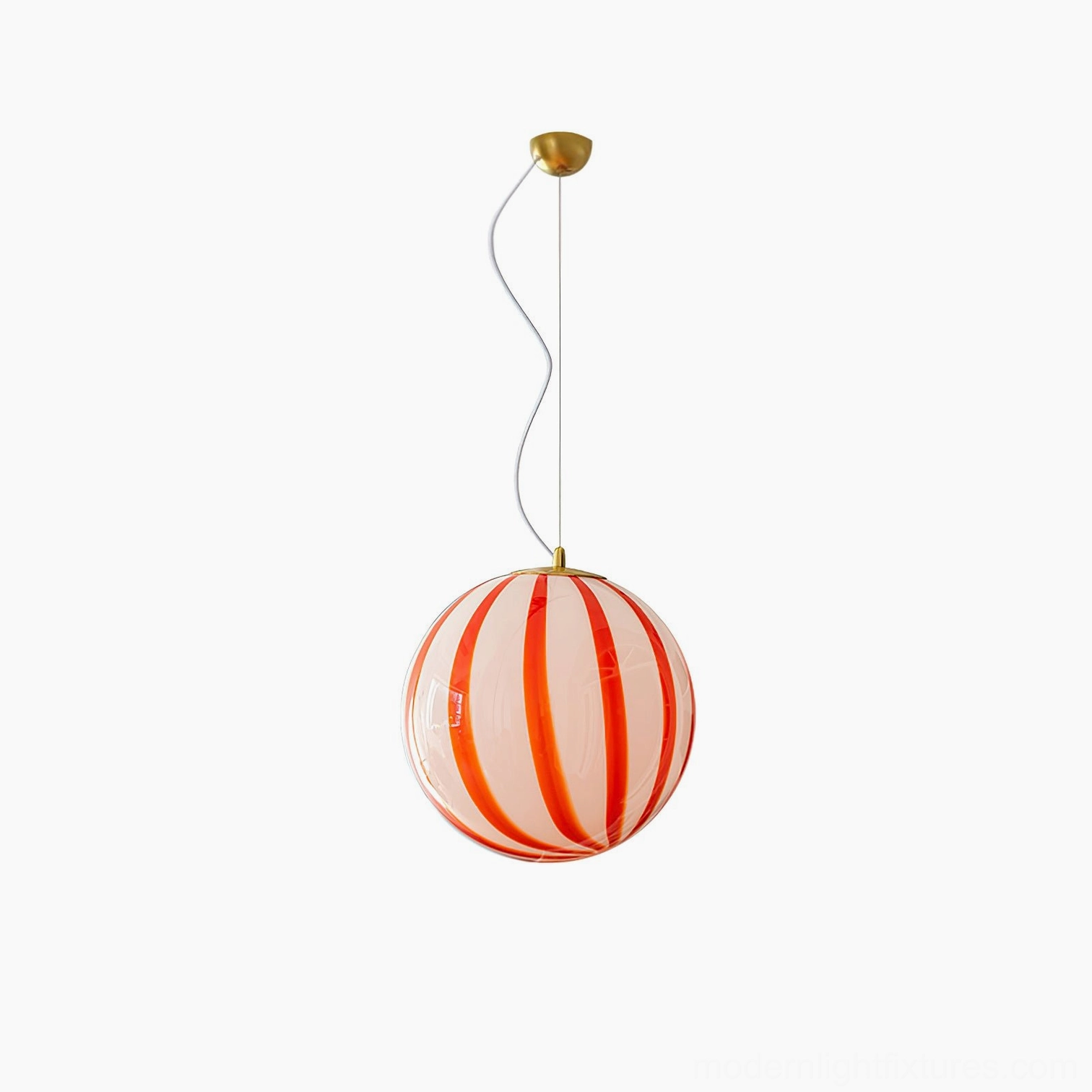 Red striped spherical pendant light in Scandinavian interior design setting