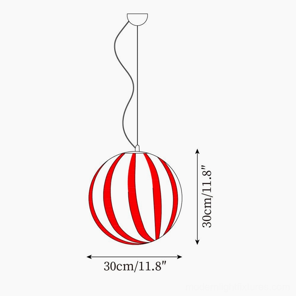 Technical orthographic diagram and specifications of red striped spherical pendant light fixture